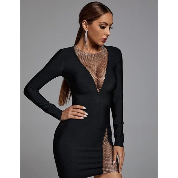 BELLA BARNETT Metallic Color Bling Mesh Dress V Neck Sexy Dress Mini - Picture 4 of 8